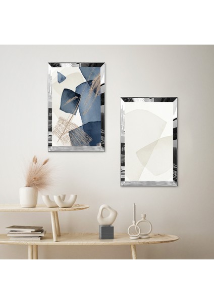 Gümüş Aynalı Pleksi Çerçeveli Beyaz Arka Planlı Modern Mavi Çiçek Dekoratif Ikili Mdf Tablo Seti fiyatları