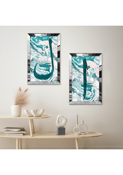 Gümüş Aynalı Pleksi Çerçeveli Beyaz Arka Planlı Su Yeşili Desenli Dini Ikili Mdf Tablo Seti fiyatları