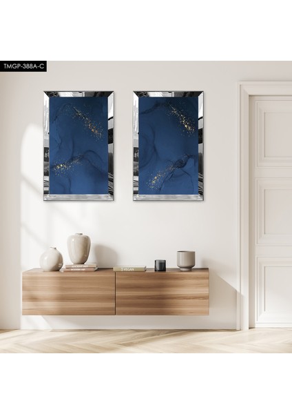 Gümüş Aynalı Pleksi Çerçeveli Lacivert Arka Planlı Dekoratif Ikili Mdf Tablo Seti
