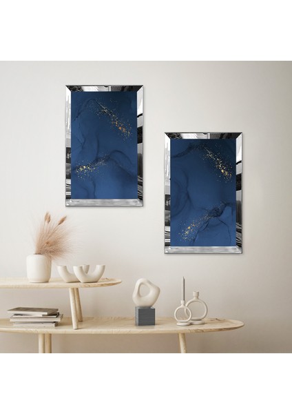 Gümüş Aynalı Pleksi Çerçeveli Lacivert Arka Planlı Dekoratif Ikili Mdf Tablo Seti fiyatları