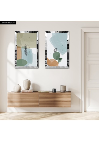 Gümüş Aynalı Pleksi Çerçeveli Renkli Dekoratif Soyut Şekiller Ikili Mdf Tablo Seti