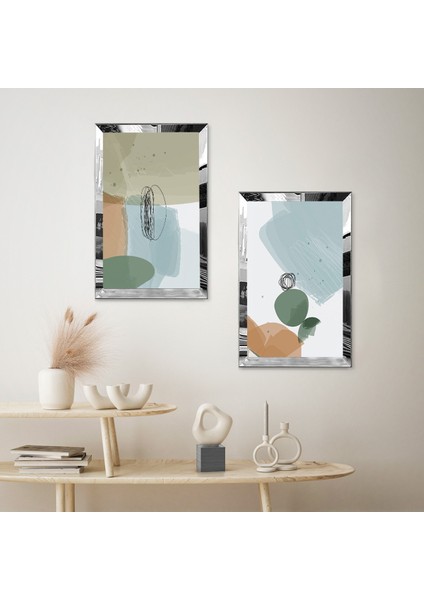 Gümüş Aynalı Pleksi Çerçeveli Renkli Dekoratif Soyut Şekiller Ikili Mdf Tablo Seti fiyatları