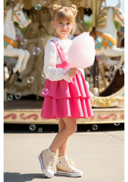 Kız Çocuk Helen Pembe Askılı Kat Kat Bağlama Jile Elbise Dantel Detay Ekru Uzun Kollu Bluz Takım fiyatları