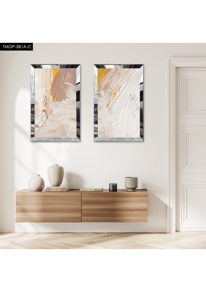 Gümüş Aynalı Pleksi Çerçeveli Krem Rengi Dekoratif Ikili Mdf Tablo Seti