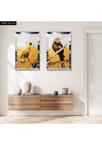 Gümüş Aynalı Pleksi Çerçeveli Turuncu Arka Planlı Kuşlar Dekoratif Ikili Mdf Tablo Seti
