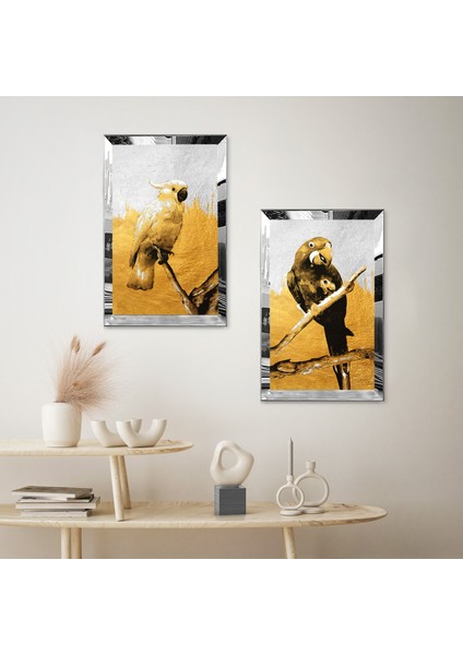 Gümüş Aynalı Pleksi Çerçeveli Turuncu Arka Planlı Kuşlar Dekoratif Ikili Mdf Tablo Seti fiyatları
