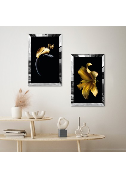 Gümüş Aynalı Pleksi Çerçeveli Altın Yapraklı Elma ve Altın Çiçek Ikili Mdf Tablo Seti fiyatları