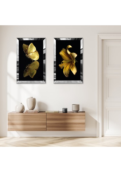 Gümüş Aynalı Pleksi Çerçeveli Siyah Arka Planlı Altın Kelebekler ve Altın Çiçek Ikili Mdf Tablo Seti