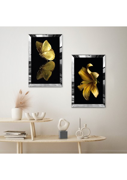 Gümüş Aynalı Pleksi Çerçeveli Siyah Arka Planlı Altın Kelebekler ve Altın Çiçek Ikili Mdf Tablo Seti fiyatları