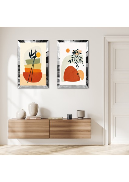 Gümüş Aynalı Pleksi Çerçeveli Beyaz Arka Planlı Mnimalist Çizim Çiçekler Ikili Mdf Tablo Seti