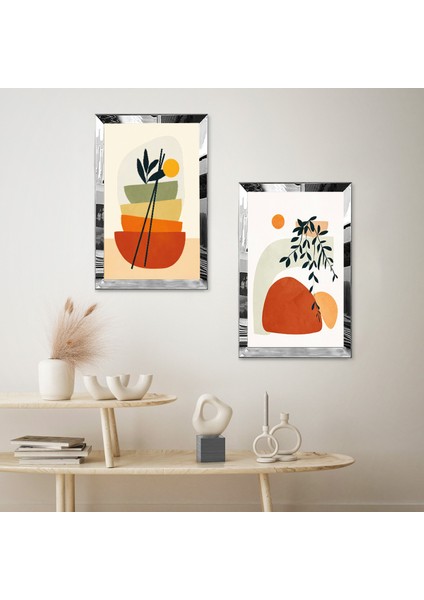 Gümüş Aynalı Pleksi Çerçeveli Beyaz Arka Planlı Mnimalist Çizim Çiçekler Ikili Mdf Tablo Seti fiyatları