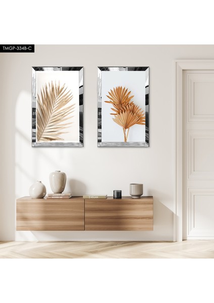 Gümüş Aynalı Pleksi Çerçeveli Modern Turuncu Çiçekler Ikili Mdf Tablo Seti