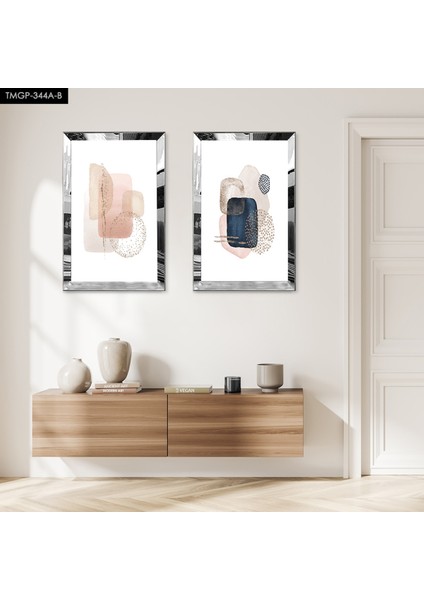 Gümüş Aynalı Pleksi Çerçeveli Beyaz Arka Planlı Kremrengi Şekiller Ikili Mdf Tablo Seti