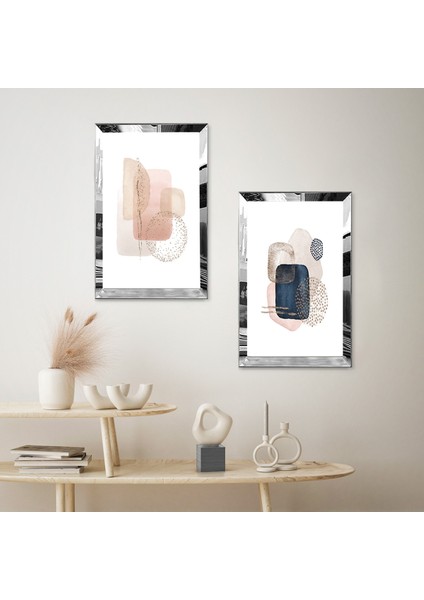 Gümüş Aynalı Pleksi Çerçeveli Beyaz Arka Planlı Kremrengi Şekiller Ikili Mdf Tablo Seti fiyatları