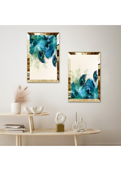 Gold Aynalı Pleksi Çerçeveli Su Yeşili Soyut Desen Modern Ikili Mdf Tablo Seti fiyatları