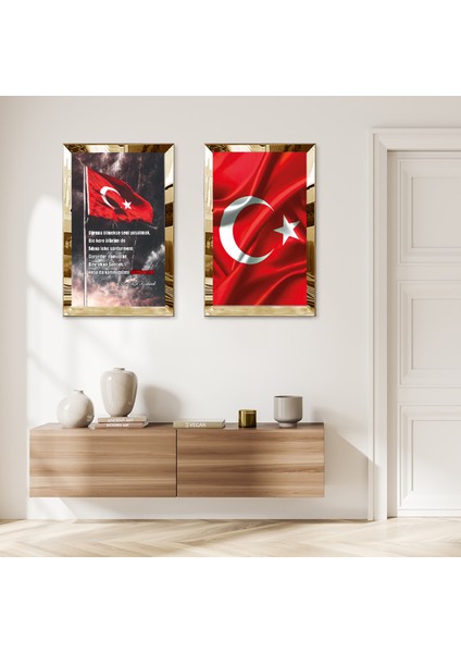 Gold Aynalı Pleksi Çerçeveli Türk Bayrağı Dekoratif Ikili Mdf Tablo Seti