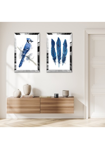 Gümüş Aynalı Pleksi Çerçeveli Beyaz Arka Planlı Mavi Kuş ve Mavi Tüyler Ikili Mdf Tablo Seti