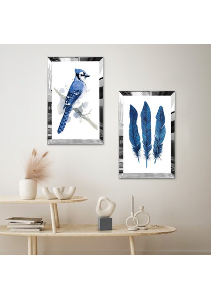 Gümüş Aynalı Pleksi Çerçeveli Beyaz Arka Planlı Mavi Kuş ve Mavi Tüyler Ikili Mdf Tablo Seti fiyatları