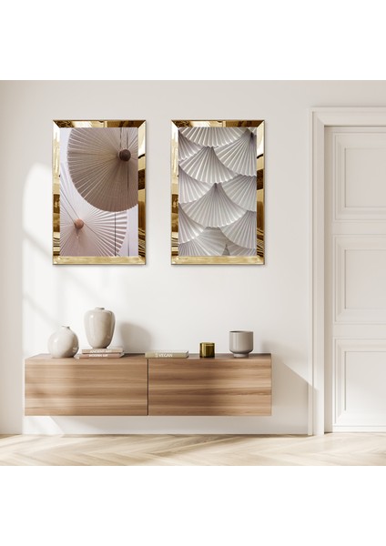 Gold Aynalı Pleksi Çerçeveli Beyaz Arka Planlı Krem Tonlarında Soyut Ikili Mdf Tablo Seti