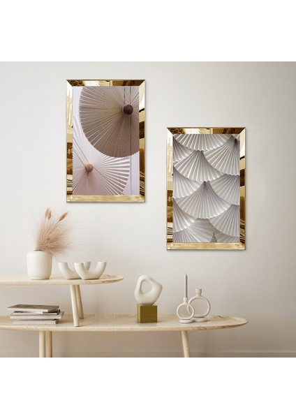 Gold Aynalı Pleksi Çerçeveli Beyaz Arka Planlı Krem Tonlarında Soyut Ikili Mdf Tablo Seti fiyatları