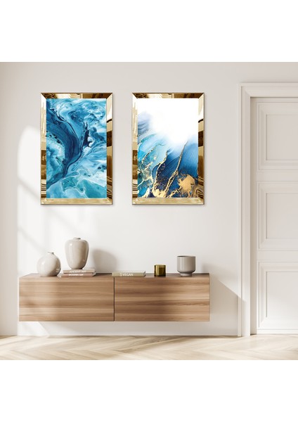 Gold Aynalı Pleksi Çerçeveli Mavi Soyut Dalgalar Dekoratif Ikili Mdf Tablo Seti
