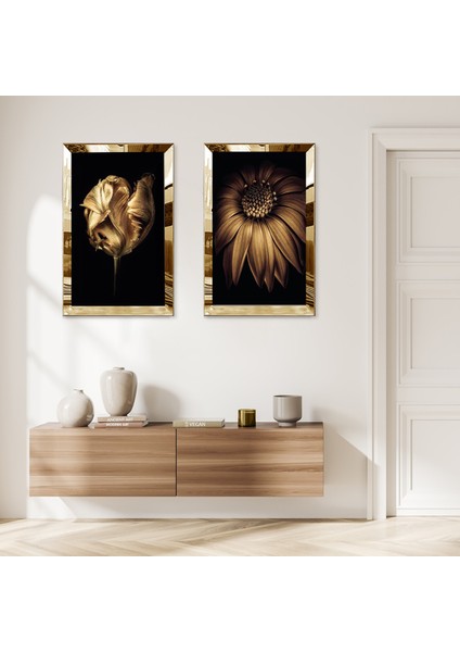 Gold Aynalı Pleksi Çerçeveli Siyah Arka Planlı Gold Çiçek Ikili Mdf Tablo Seti