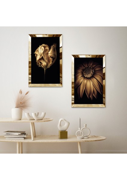 Gold Aynalı Pleksi Çerçeveli Siyah Arka Planlı Gold Çiçek Ikili Mdf Tablo Seti fiyatları
