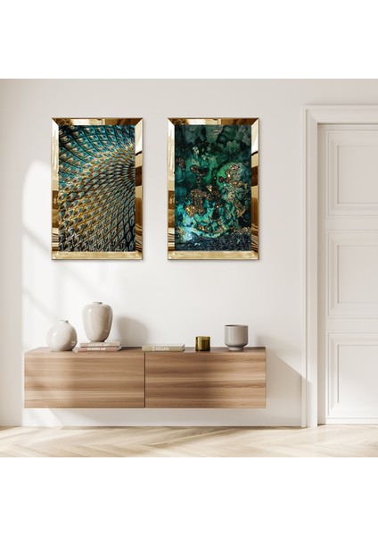 Gold Aynalı Pleksi Çerçeveli Yeşil Soyut Yapraklar Ikili Mdf Tablo Seti