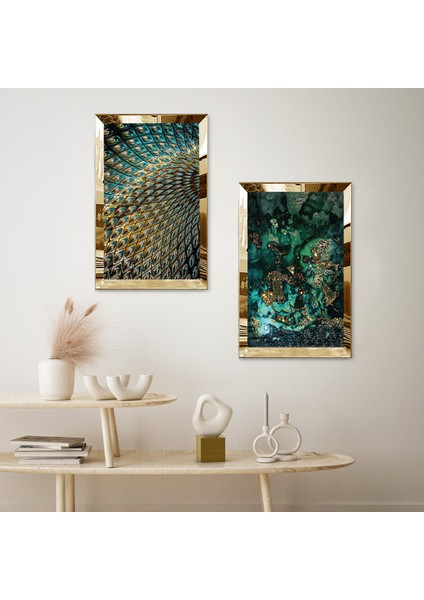 Gold Aynalı Pleksi Çerçeveli Yeşil Soyut Yapraklar Ikili Mdf Tablo Seti fiyatları