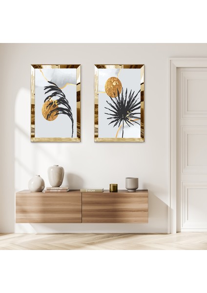 Gold Aynalı Pleksi Çerçeveli Beyaz Arka Planlı Modern Bitki ve Güneş Ikili Mdf Tablo Seti
