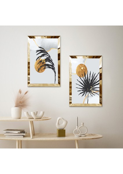 Gold Aynalı Pleksi Çerçeveli Beyaz Arka Planlı Modern Bitki ve Güneş Ikili Mdf Tablo Seti fiyatları