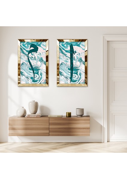 Gold Aynalı Pleksi Çerçeveli Beyaz Arka Planlı Su Yeşili Desenli Modern Dini Ikili Mdf Tablo Seti