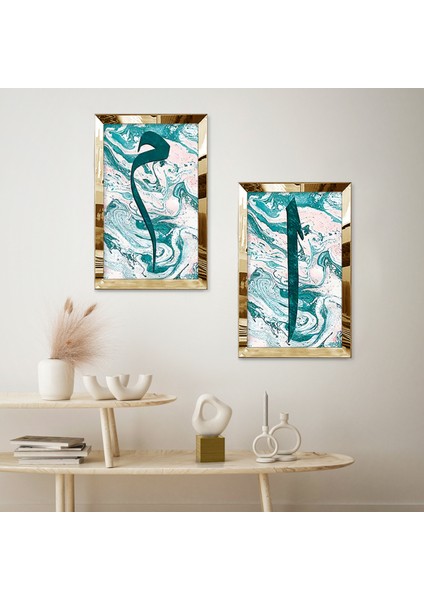 Gold Aynalı Pleksi Çerçeveli Beyaz Arka Planlı Su Yeşili Desenli Modern Dini Ikili Mdf Tablo Seti fiyatları