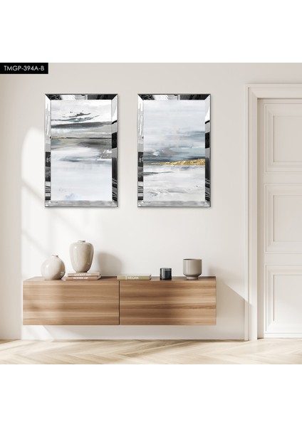 Gümüş Aynalı Pleksi Çerçeveli Beyaz ve Siyah Karışımı Arka Planlı Modern Ikili Mdf Tablo Seti