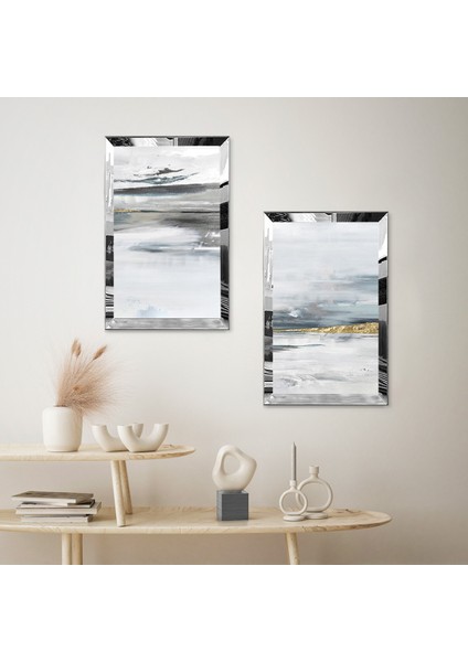 Gümüş Aynalı Pleksi Çerçeveli Beyaz ve Siyah Karışımı Arka Planlı Modern Ikili Mdf Tablo Seti fiyatları