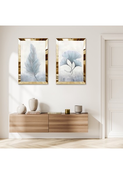 Gold Aynalı Pleksi Çerçeveli Beyaz Arka Planlı Beyaz Çiçekler Dekoratif Ikili Mdf Tablo Seti