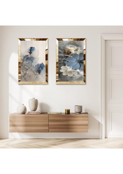 Gold Aynalı Pleksi Çerçeveli Çiçek Desenli Dekoratif Ikili Mdf Tablo Seti