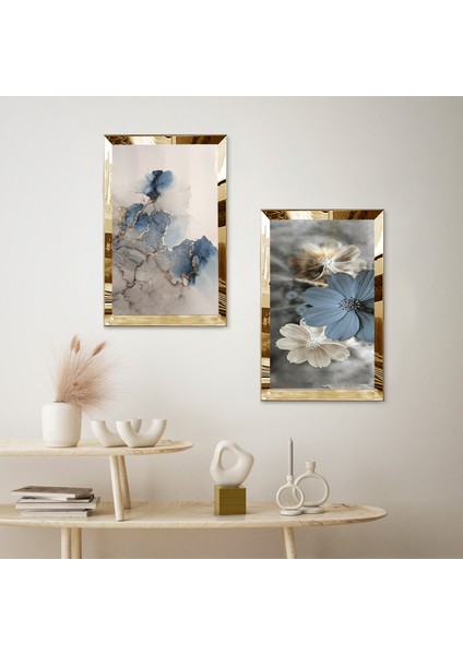 Gold Aynalı Pleksi Çerçeveli Çiçek Desenli Dekoratif Ikili Mdf Tablo Seti fiyatları