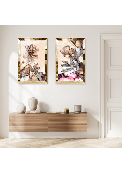 Gold Aynalı Pleksi Çerçeveli Sarı ve Gri Tonları Dekoratif Çiçek Ikili Mdf Tablo Seti
