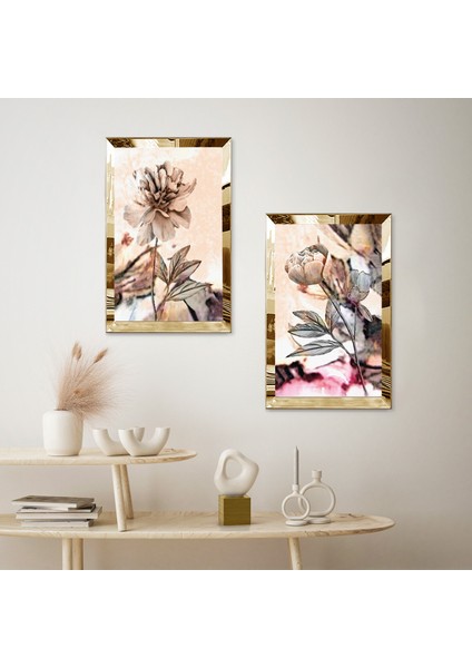 Gold Aynalı Pleksi Çerçeveli Sarı ve Gri Tonları Dekoratif Çiçek Ikili Mdf Tablo Seti fiyatları