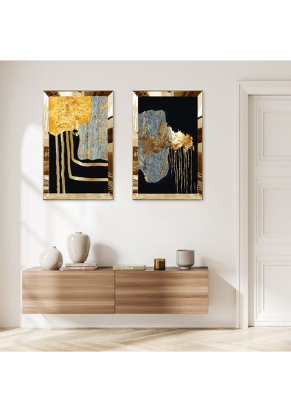 Gold Aynalı Pleksi Çerçeveli Siyah Arka Planlı Dekoratif Soyut Taş Ikili Mdf Tablo Seti