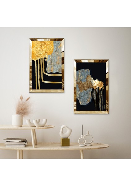 Gold Aynalı Pleksi Çerçeveli Siyah Arka Planlı Dekoratif Soyut Taş Ikili Mdf Tablo Seti fiyatları
