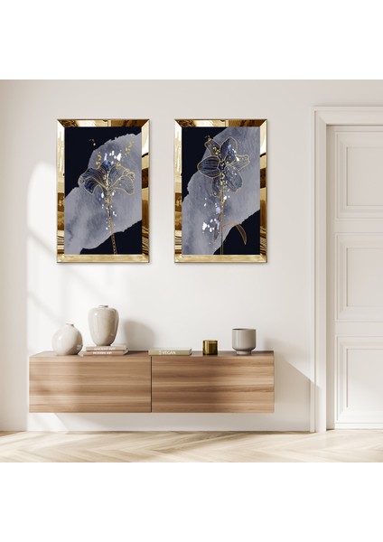 Gold Aynalı Pleksi Çerçeveli Siyah Arka Planlı Gri Soyut Şekilli Dekoratif Ikili Mdf Tablo Seti