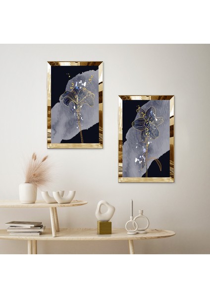 Gold Aynalı Pleksi Çerçeveli Siyah Arka Planlı Gri Soyut Şekilli Dekoratif Ikili Mdf Tablo Seti fiyatları