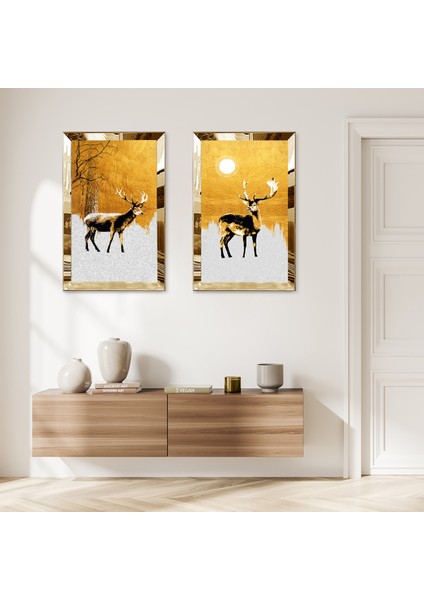 Gold Aynalı Pleksi Çerçeveli Beyaz ve Gold Arka Planlı Dekoratif Geğik Ikili Mdf Tablo Seti