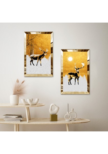 Gold Aynalı Pleksi Çerçeveli Beyaz ve Gold Arka Planlı Dekoratif Geğik Ikili Mdf Tablo Seti fiyatları