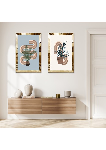 Gold Aynalı Pleksi Çerçeveli Beyaz Mavi Arka Planlı Modern Soyut Bitki Ikili Mdf Tablo Seti