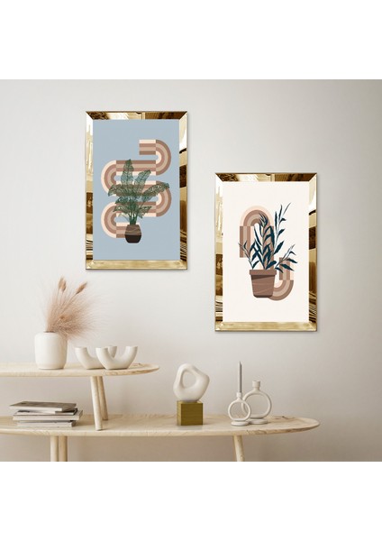 Gold Aynalı Pleksi Çerçeveli Beyaz Mavi Arka Planlı Modern Soyut Bitki Ikili Mdf Tablo Seti fiyatları