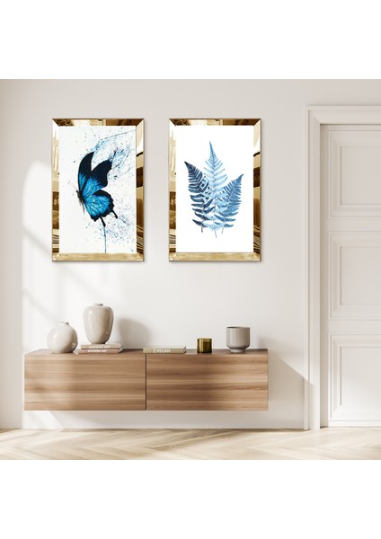 Gold Aynalı Pleksi Çerçeveli Beyaz Arka Planlı Soyut Mavi Çiçekler Ikili Mdf Tablo Seti