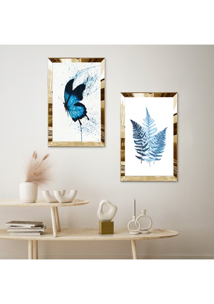 Gold Aynalı Pleksi Çerçeveli Beyaz Arka Planlı Soyut Mavi Çiçekler Ikili Mdf Tablo Seti fiyatları